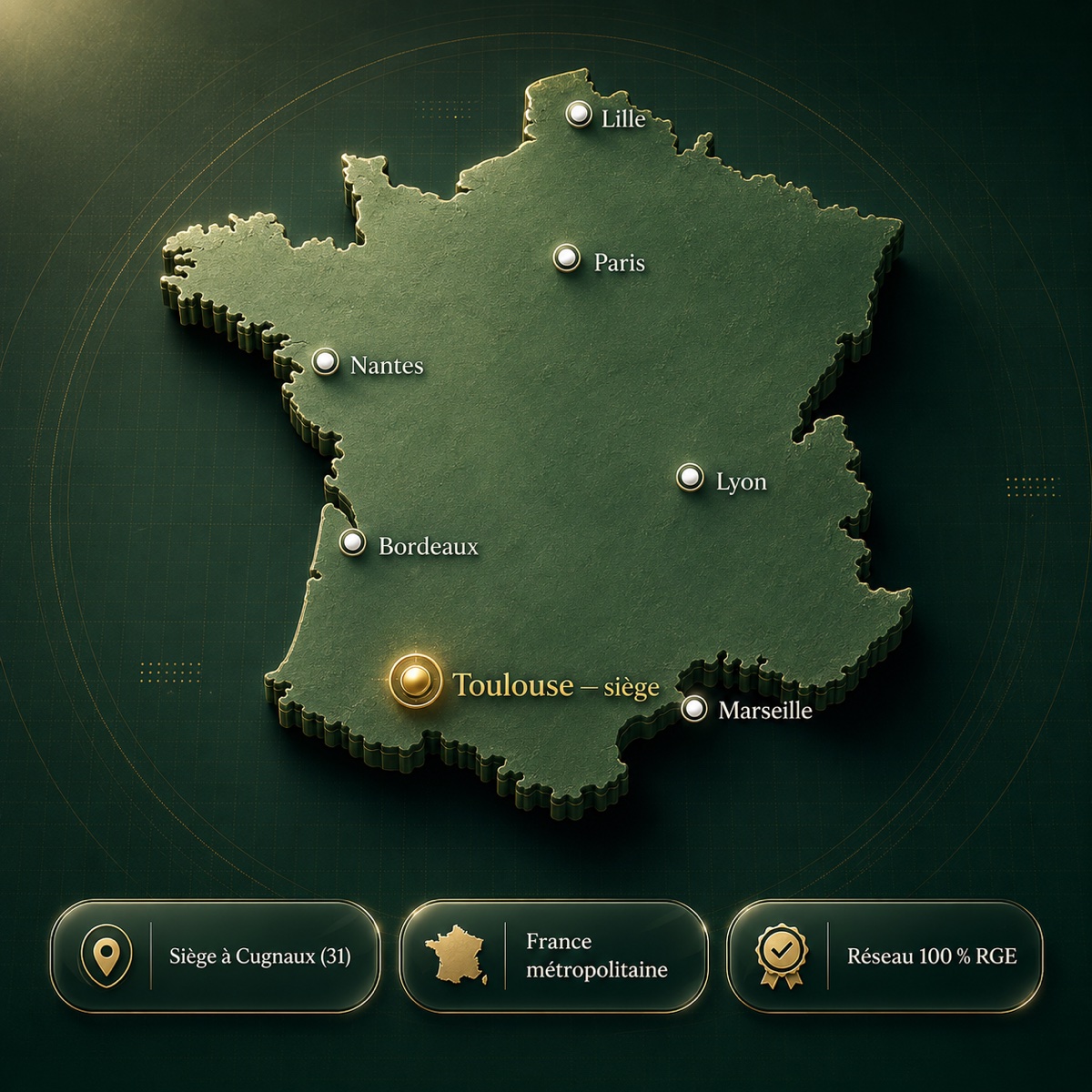 Carte de France premium : zone d'intervention de LCK Énergie, siège à Toulouse-Cugnaux, réseau 100 % RGE