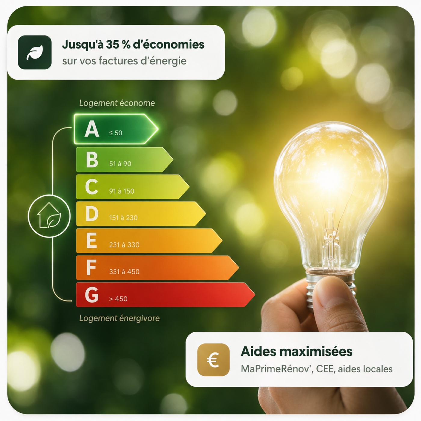 Étiquette DPE (diagnostic de performance énergétique) de A à G, ampoule allumée : audit énergétique LCK Énergie